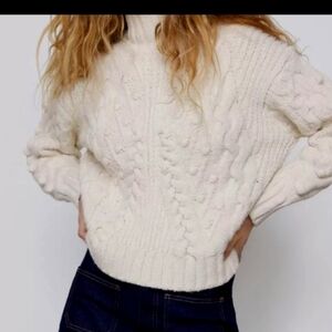 Zara Cream Cable Knit Turtleneck Sweater